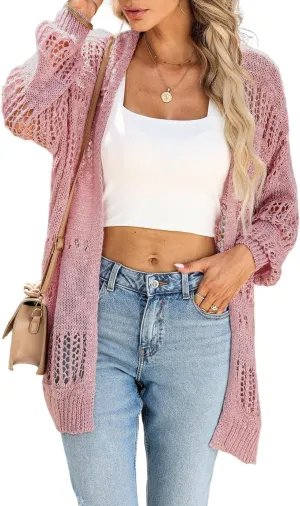 Dokotoo Cardigan Sweaters for Women Long Sleeve Open Front Hollow Out Casual Knit Sweaters Outwear