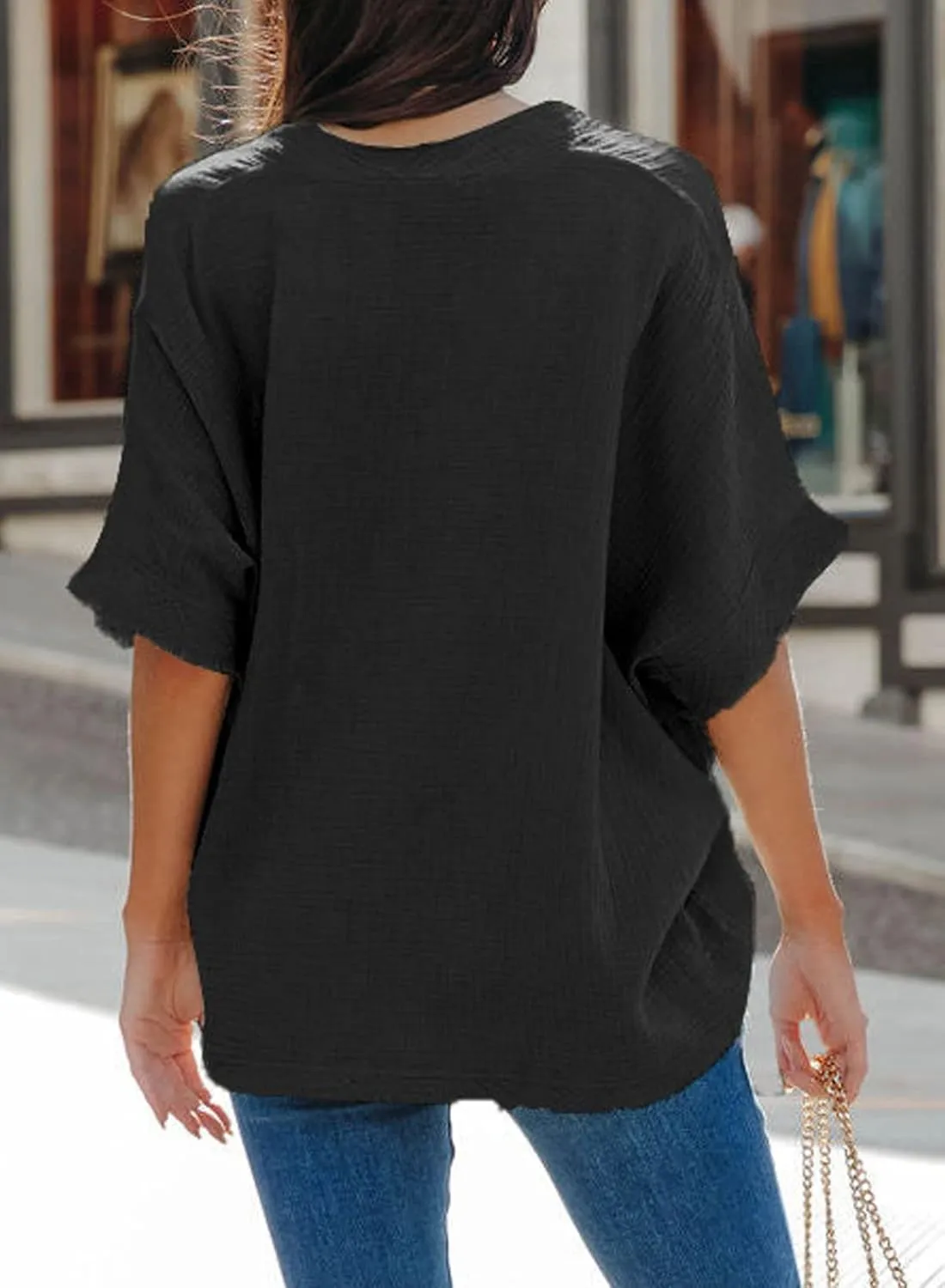 Dokotoo Casual Womens Short Sleeve V Neck Shirts Oversized Solid Blouses Tops