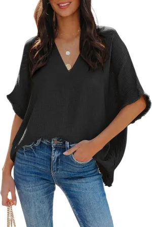 Dokotoo Casual Womens Short Sleeve V Neck Shirts Oversized Solid Blouses Tops