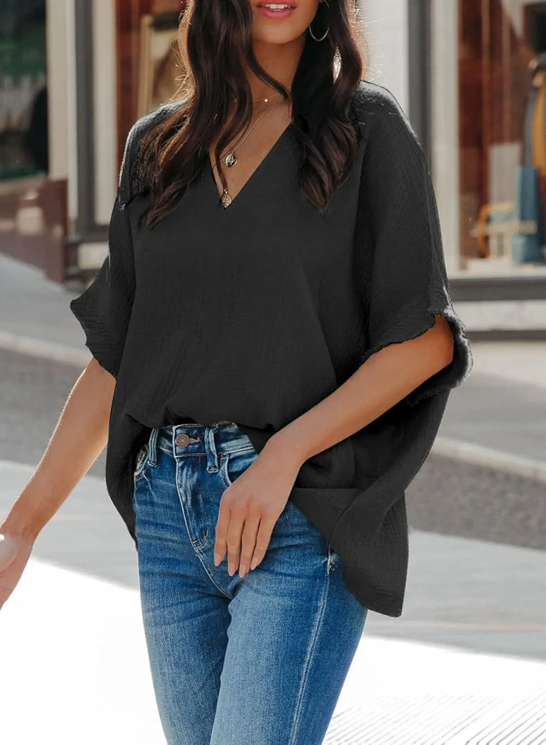 Dokotoo Casual Womens Short Sleeve V Neck Shirts Oversized Solid Blouses Tops