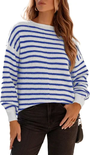 Dokotoo Sweaters for Women Crewneck Long Sleeve Striped Color Block Loose Knit Pullover Sweater Tops