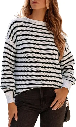 Dokotoo Sweaters for Women Crewneck Long Sleeve Striped Color Block Loose Knit Pullover Sweater Tops