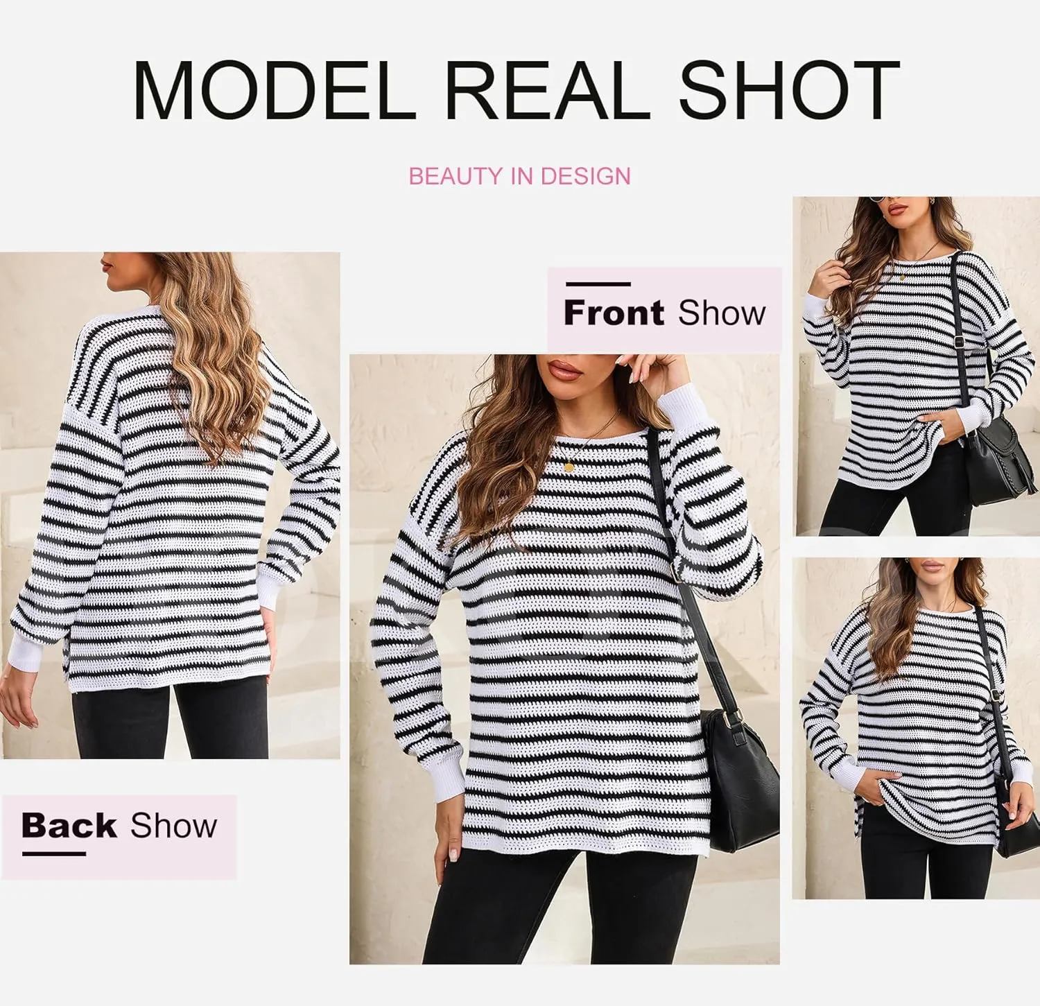 Dokotoo Sweaters for Women Crewneck Long Sleeve Striped Color Block Loose Knit Pullover Sweater Tops