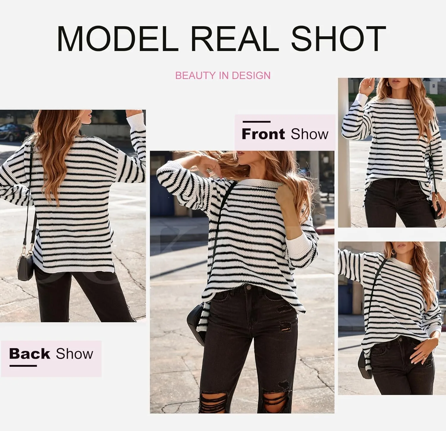 Dokotoo Sweaters for Women Crewneck Long Sleeve Striped Color Block Loose Knit Pullover Sweater Tops