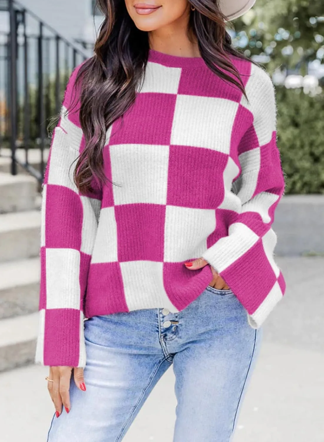 Dokotoo Womens Sweaters Crewneck Checkered Bell Sleeve Sweater Knit Pullover Tops
