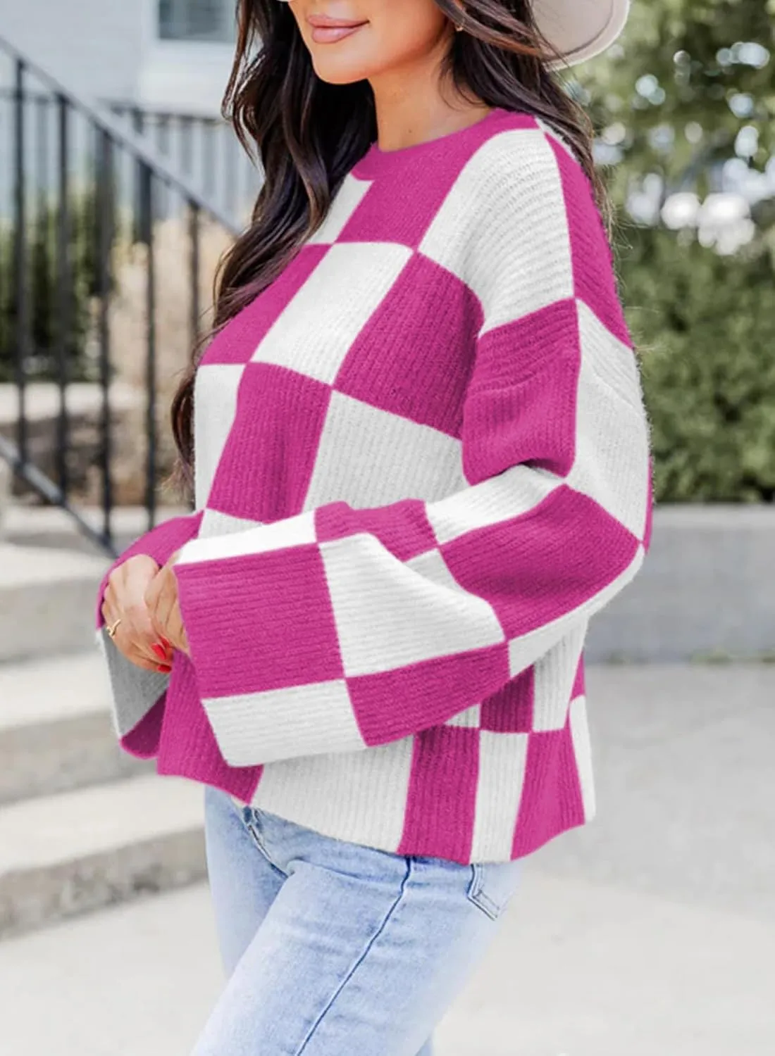Dokotoo Womens Sweaters Crewneck Checkered Bell Sleeve Sweater Knit Pullover Tops