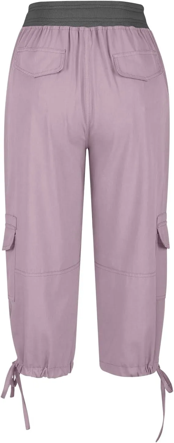 Elastic Waist Cargo Shorts for Women Summer Fashion Casual Travel Cropped Trousers Hiking Relaxed Multi-Pocket Shorts