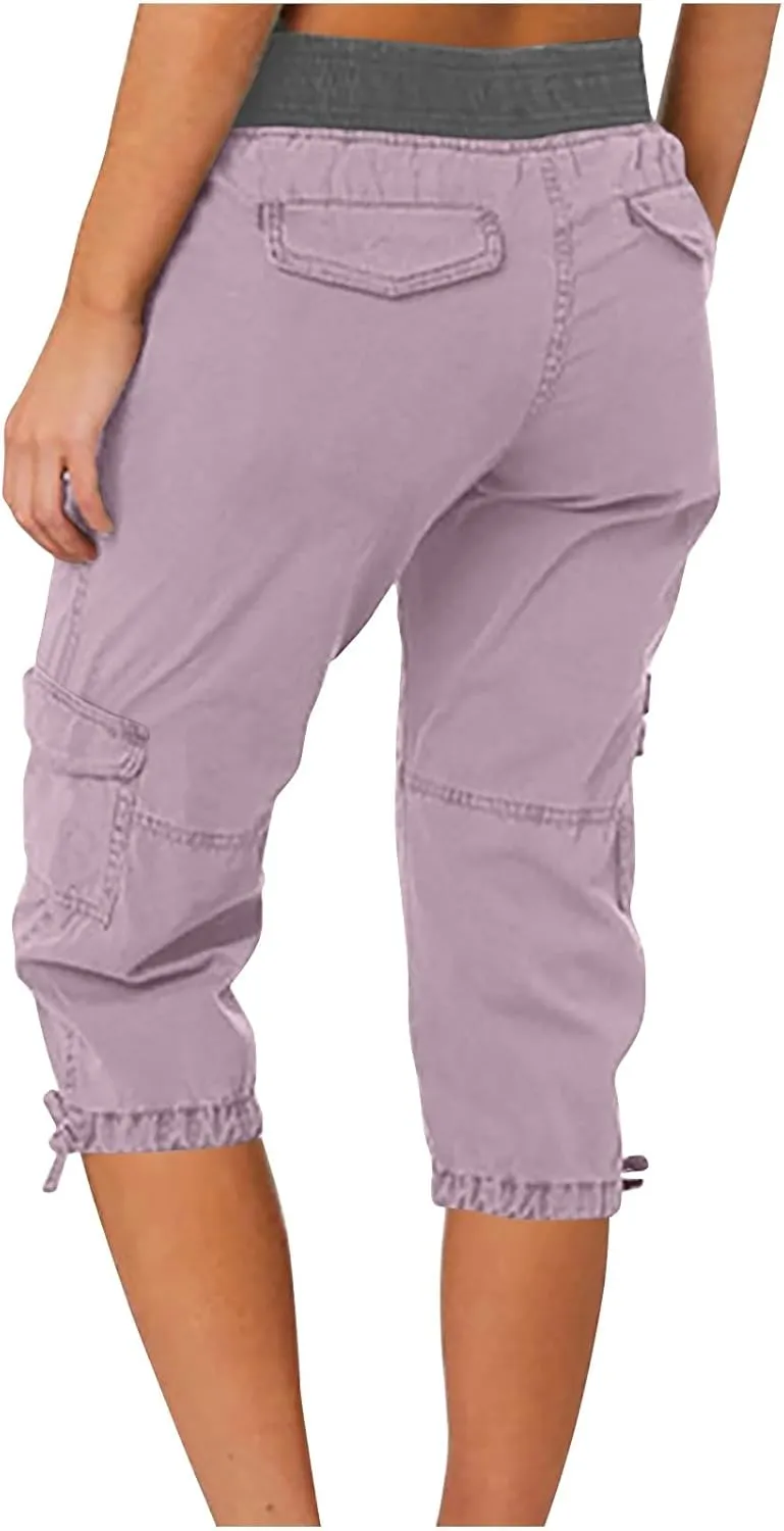 Elastic Waist Cargo Shorts for Women Summer Fashion Casual Travel Cropped Trousers Hiking Relaxed Multi-Pocket Shorts