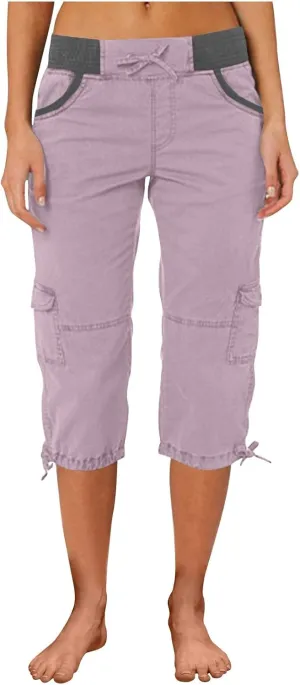 Elastic Waist Cargo Shorts for Women Summer Fashion Casual Travel Cropped Trousers Hiking Relaxed Multi-Pocket Shorts