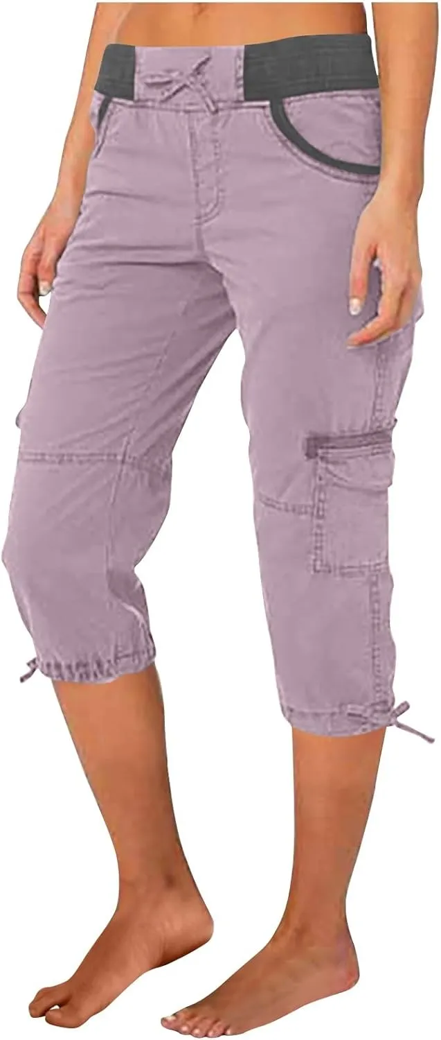 Elastic Waist Cargo Shorts for Women Summer Fashion Casual Travel Cropped Trousers Hiking Relaxed Multi-Pocket Shorts