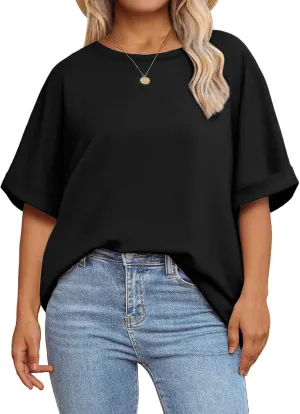 Eytino Womens Plus Size Tops Casual Crewneck Half Sleeve Loose Fit Summer Blouses Oversized Tee Shirts,4X Black