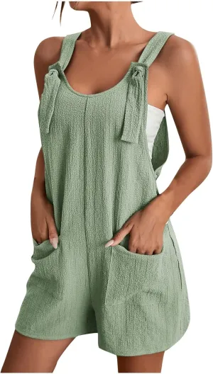 fanmpghleoo Short Romper for Women 2025 Summer Linen Sleeveless Jumpsuits Casual Shorts Pants Overall Rompers with Pockets