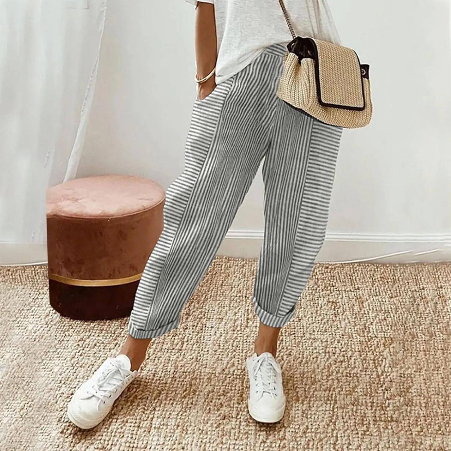 fanmpghleoo Striped Linen Pants Women Summer Elastic High Waisted Wide Leg Pinstripe Pants Casual Plus Size Beach Gauze Pants