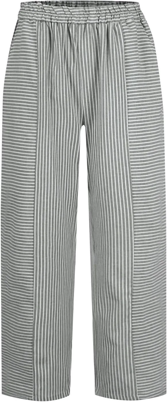 fanmpghleoo Striped Linen Pants Women Summer Elastic High Waisted Wide Leg Pinstripe Pants Casual Plus Size Beach Gauze Pants