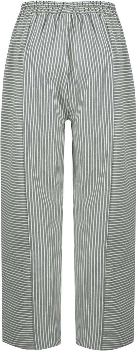 fanmpghleoo Striped Linen Pants Women Summer Elastic High Waisted Wide Leg Pinstripe Pants Casual Plus Size Beach Gauze Pants