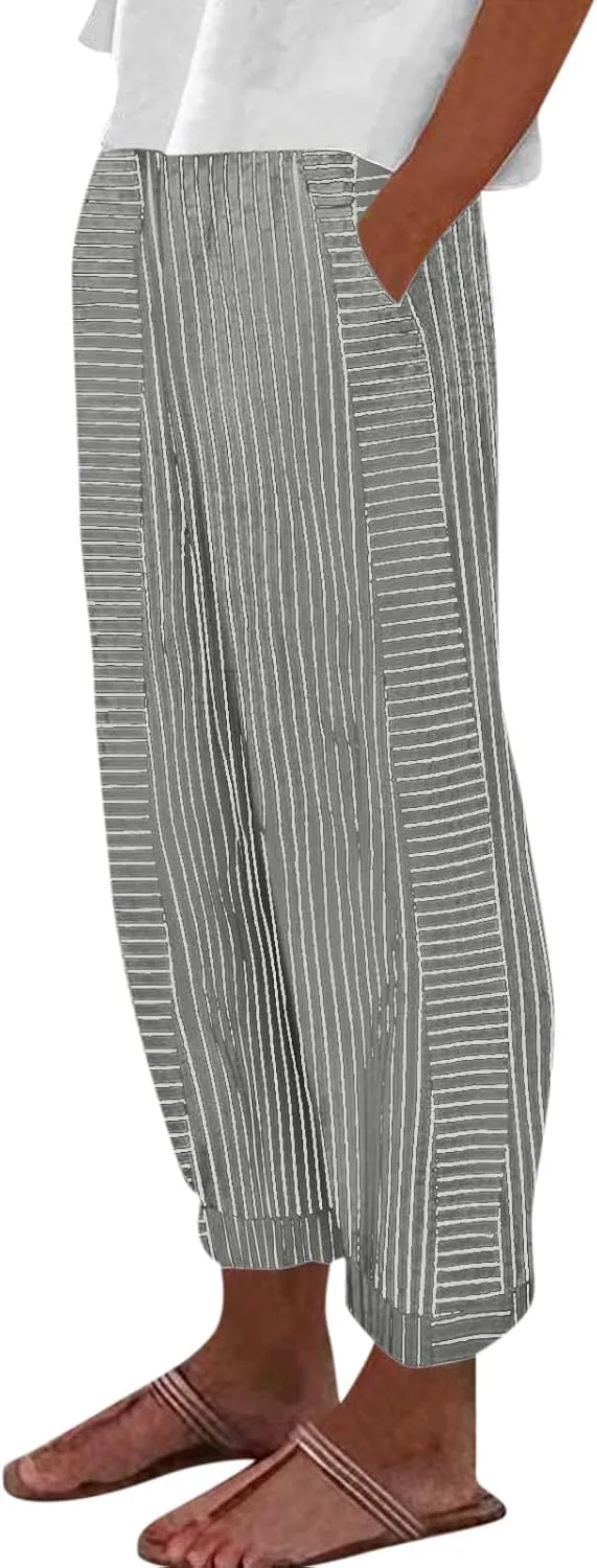 fanmpghleoo Striped Linen Pants Women Summer Elastic High Waisted Wide Leg Pinstripe Pants Casual Plus Size Beach Gauze Pants
