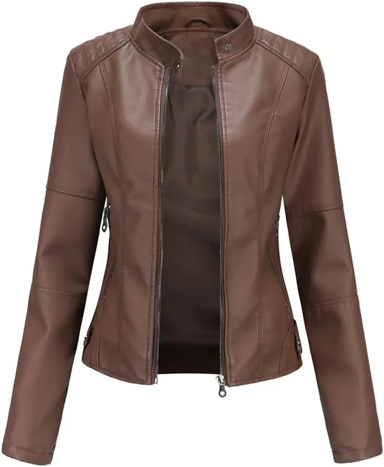 Faux Leather Jacket Women Autumn Spring Moto Biker Zipper Jacket Casual O-Neck Jacket