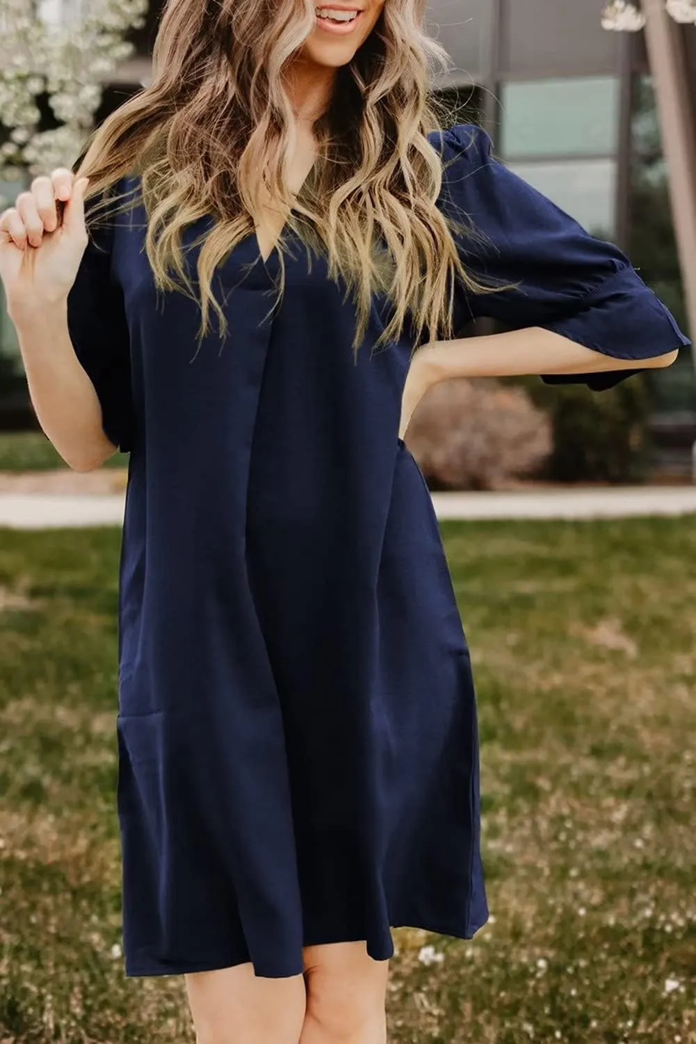 FEKOAFE Dresses Summer 2023 Dress for Women V Neck Ruffle Short Sleeves Solid Color Casual Dresses