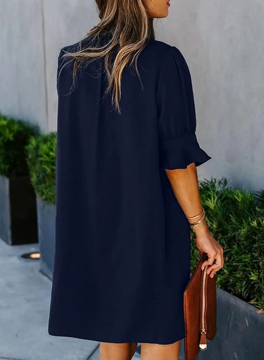 FEKOAFE Dresses Summer 2023 Dress for Women V Neck Ruffle Short Sleeves Solid Color Casual Dresses