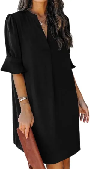 FEKOAFE Dresses Summer 2023 Dress for Women V Neck Ruffle Short Sleeves Solid Color Casual Dresses