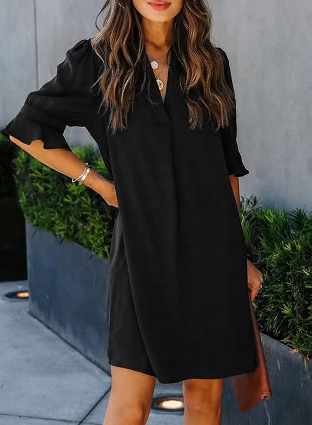 FEKOAFE Dresses Summer 2023 Dress for Women V Neck Ruffle Short Sleeves Solid Color Casual Dresses