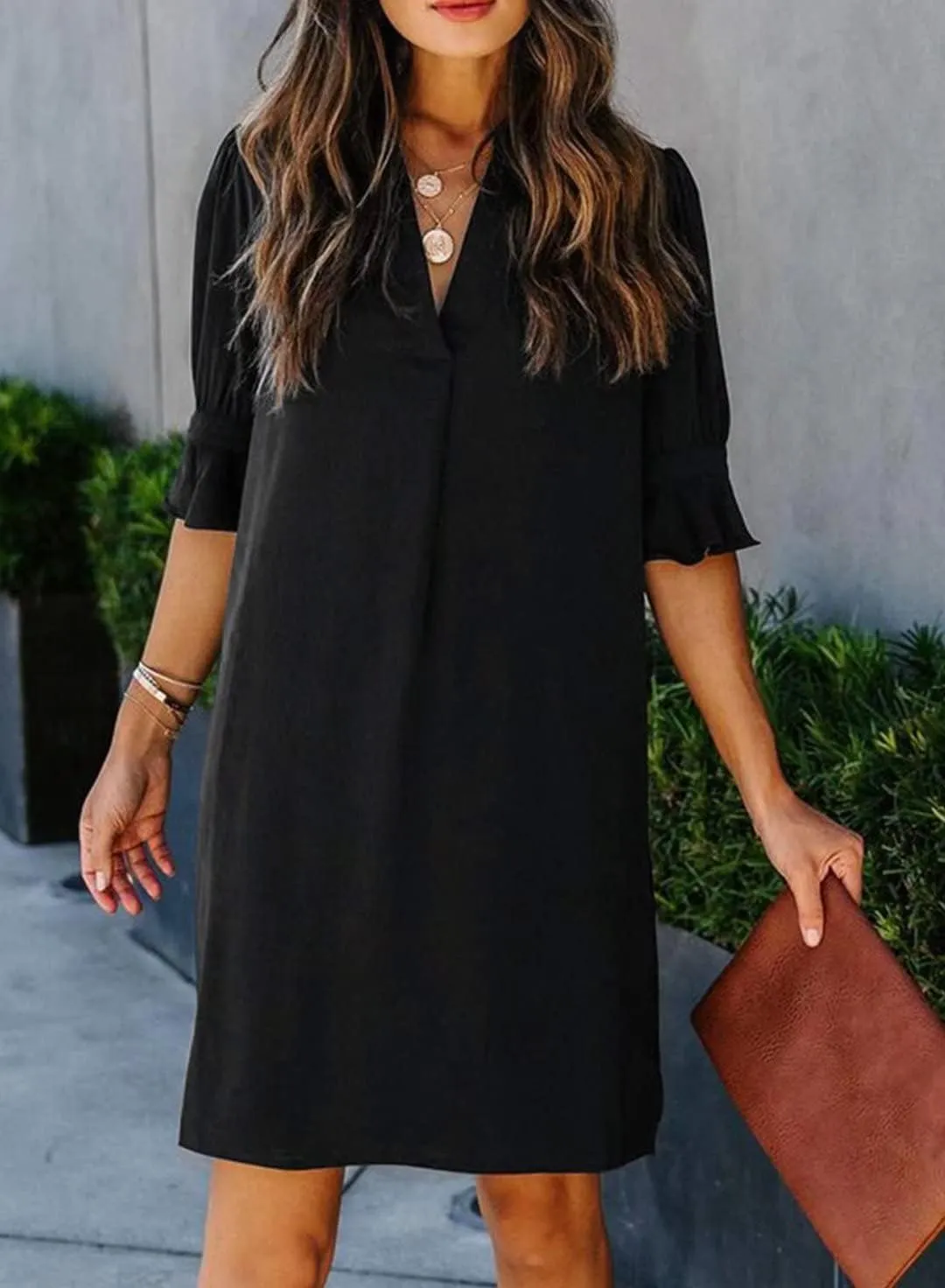 FEKOAFE Dresses Summer 2023 Dress for Women V Neck Ruffle Short Sleeves Solid Color Casual Dresses