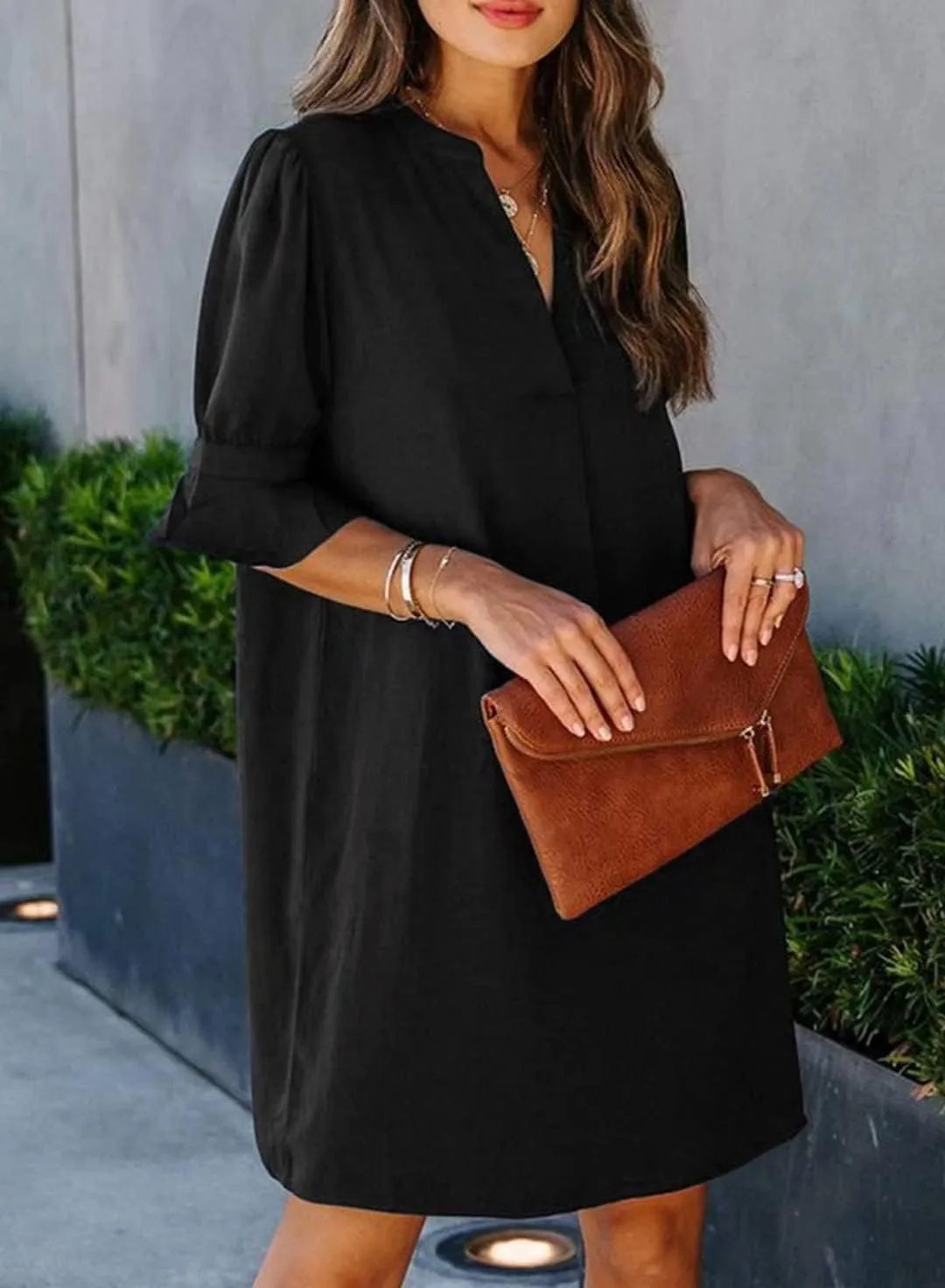 FEKOAFE Dresses Summer 2023 Dress for Women V Neck Ruffle Short Sleeves Solid Color Casual Dresses