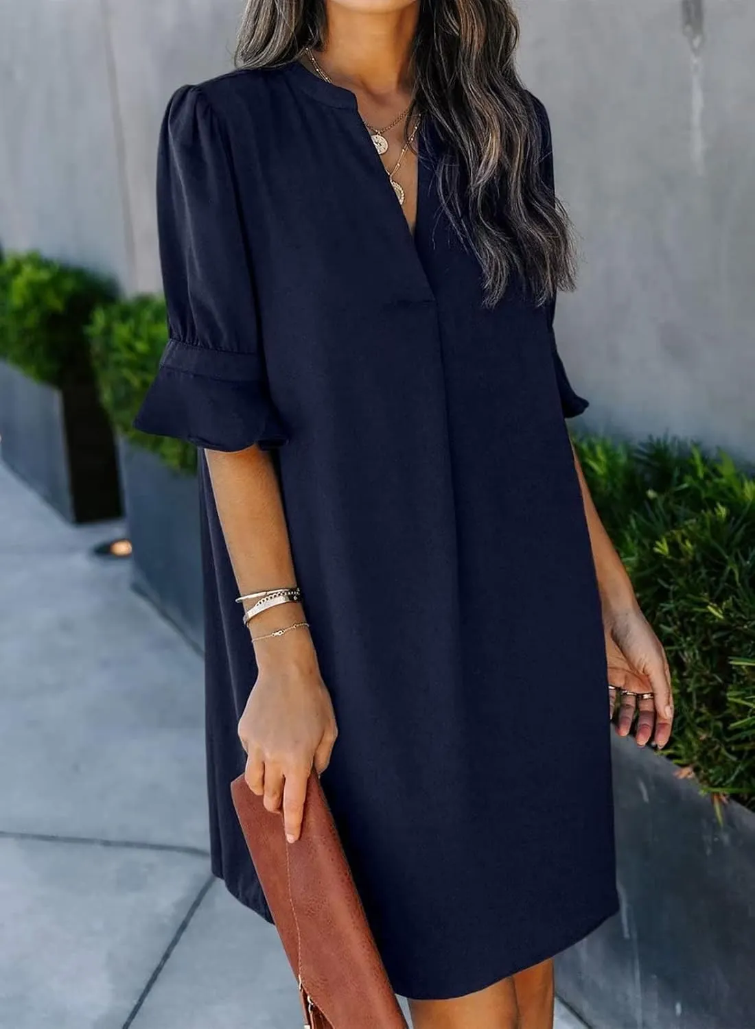 FEKOAFE Dresses Summer 2023 Dress for Women V Neck Ruffle Short Sleeves Solid Color Casual Dresses