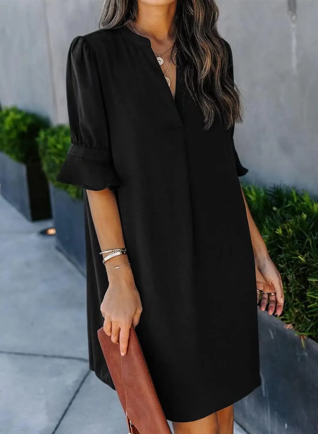 FEKOAFE Dresses Summer 2023 Dress for Women V Neck Ruffle Short Sleeves Solid Color Casual Dresses