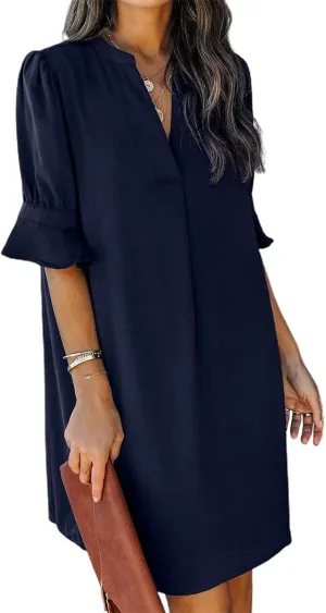 FEKOAFE Dresses Summer 2023 Dress for Women V Neck Ruffle Short Sleeves Solid Color Casual Dresses