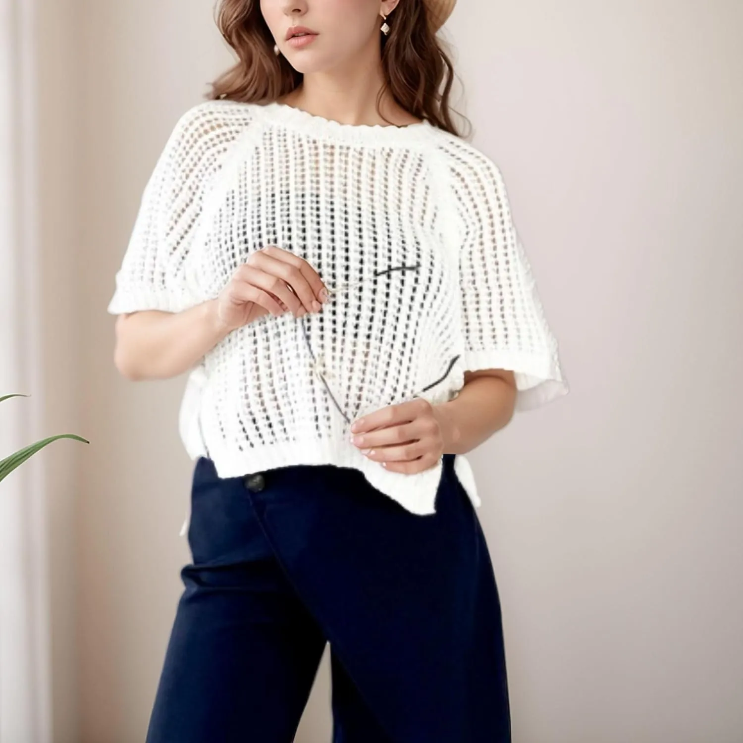 FindThy Womens Chunky Cropped Sweater Vest Side Bow Tie Crew Neck Trendy Pullover Knit Tank Tops