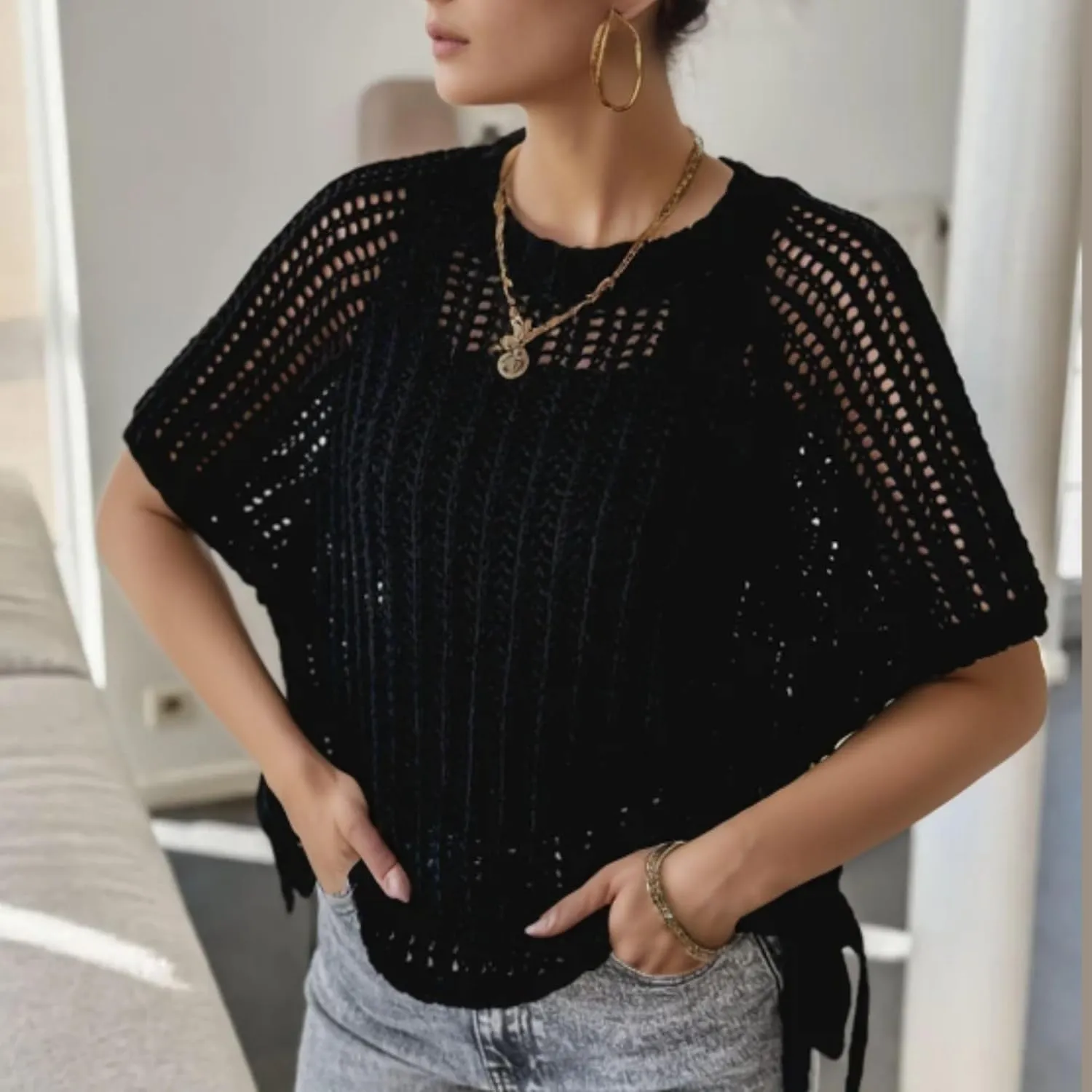 FindThy Womens Chunky Cropped Sweater Vest Side Bow Tie Crew Neck Trendy Pullover Knit Tank Tops