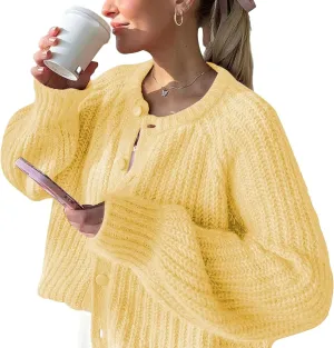 FindThy Women’s Chunky Knit Cardigan Long Sleeve Button Down Crewneck Fall Sweater Coat