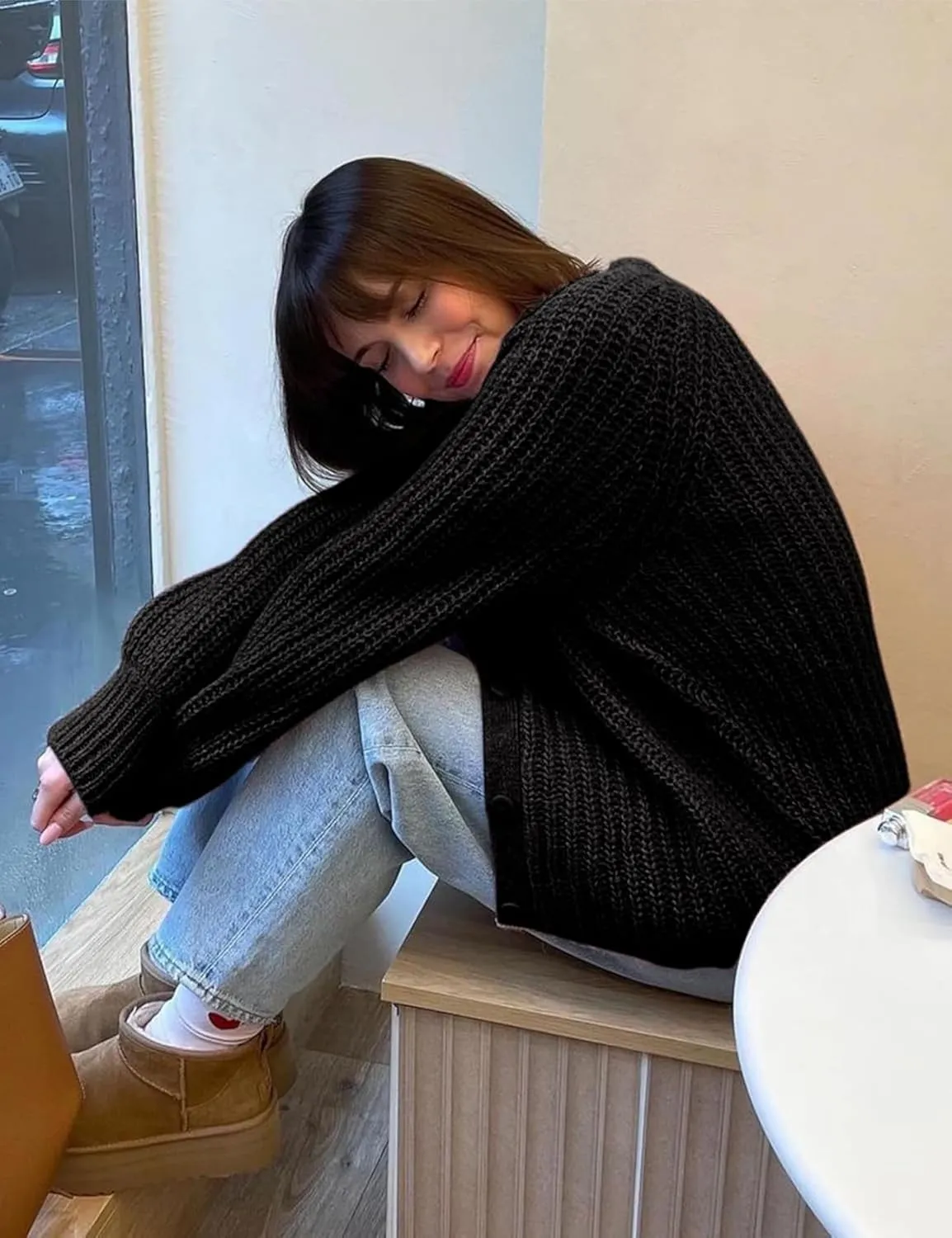 FindThy Women’s Chunky Knit Cardigan Long Sleeve Button Down Crewneck Fall Sweater Coat
