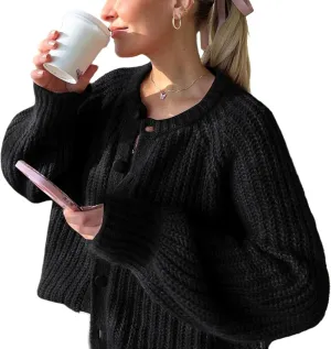 FindThy Women’s Chunky Knit Cardigan Long Sleeve Button Down Crewneck Fall Sweater Coat