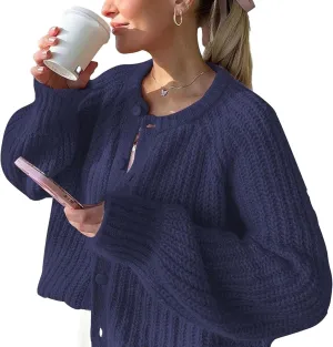 FindThy Women’s Chunky Knit Cardigan Long Sleeve Button Down Crewneck Fall Sweater Coat