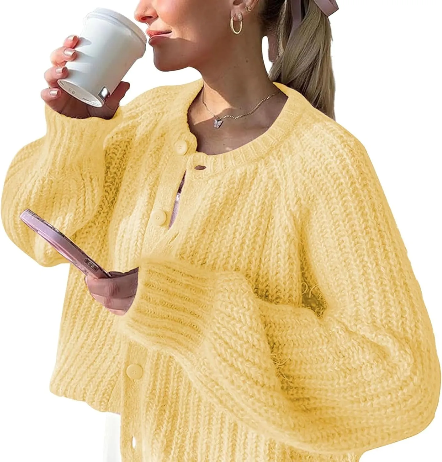 FindThy Women’s Chunky Knit Cardigan Long Sleeve Button Down Crewneck Fall Sweater Coat