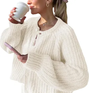 FindThy Women’s Chunky Knit Cardigan Long Sleeve Button Down Crewneck Fall Sweater Coat