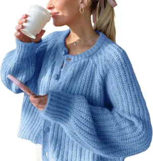 FindThy Women’s Chunky Knit Cardigan Long Sleeve Button Down Crewneck Fall Sweater Coat