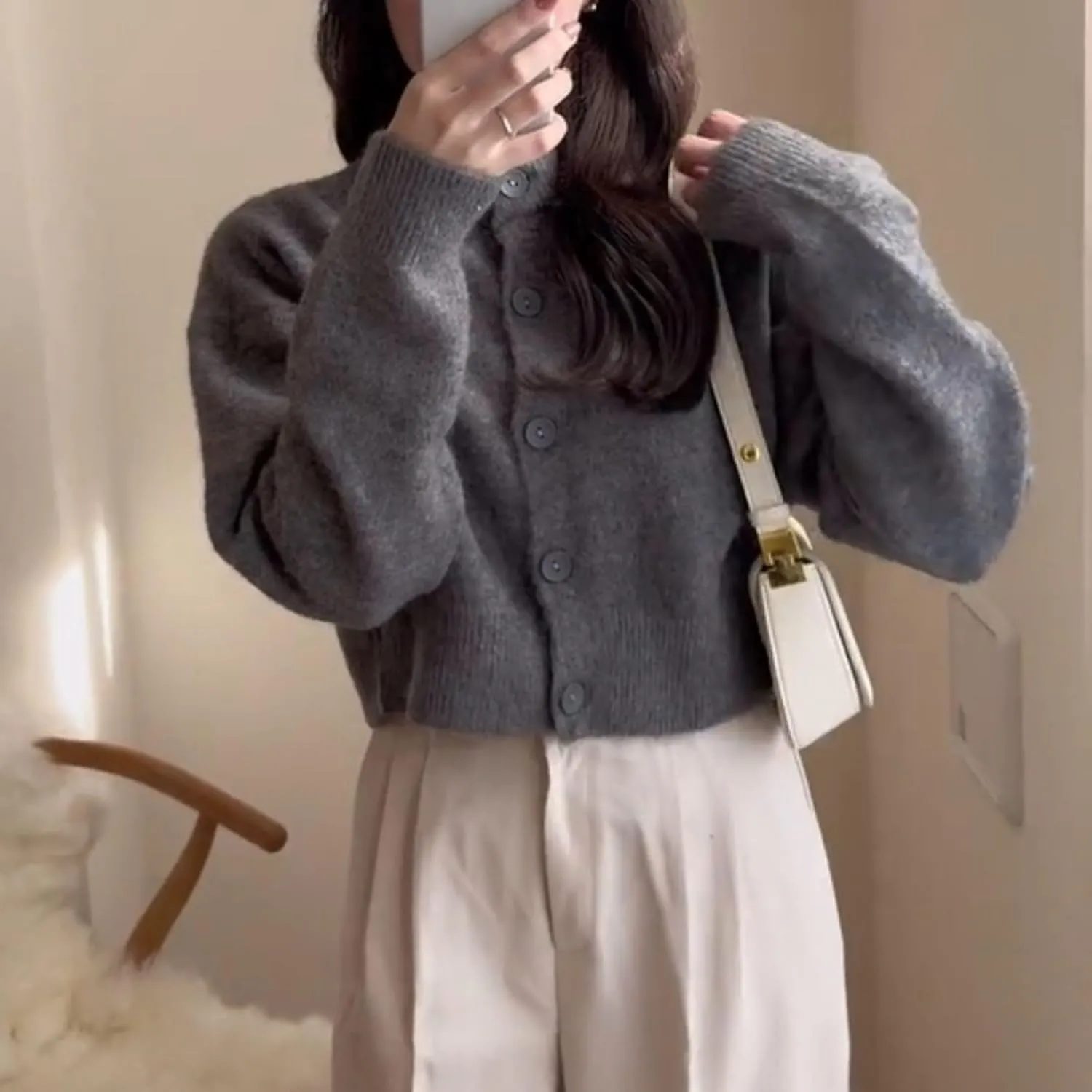 FindThy Womens Cropped Cardigan Sweater Crewneck Solid Color Long Sleeve Button Down Knitted Outerwear Top