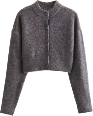 FindThy Womens Cropped Cardigan Sweater Crewneck Solid Color Long Sleeve Button Down Knitted Outerwear Top