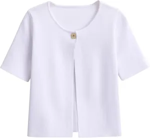 FindThy Womens Cropped Cardigan Sweater Trendy Crewneck Short Sleeve Button Down Solid Color Knit Outerwear Tops
