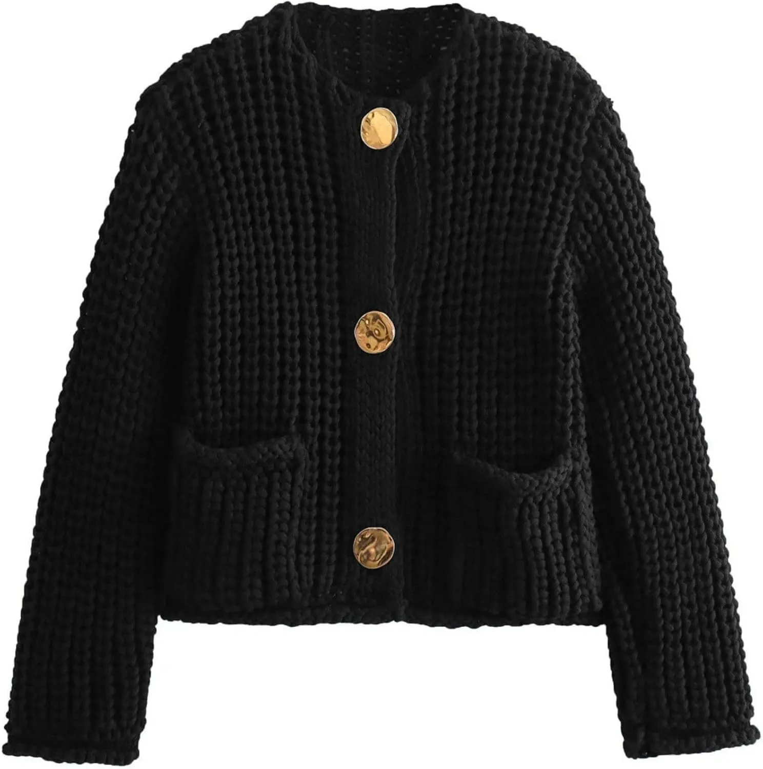 FindThy Womens Cropped Knit Cardigan Long Sleeve Crewneck Button Down Fall Sweater with Pockets