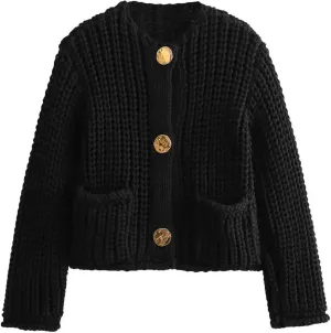 FindThy Womens Cropped Knit Cardigan Long Sleeve Crewneck Button Down Fall Sweater with Pockets