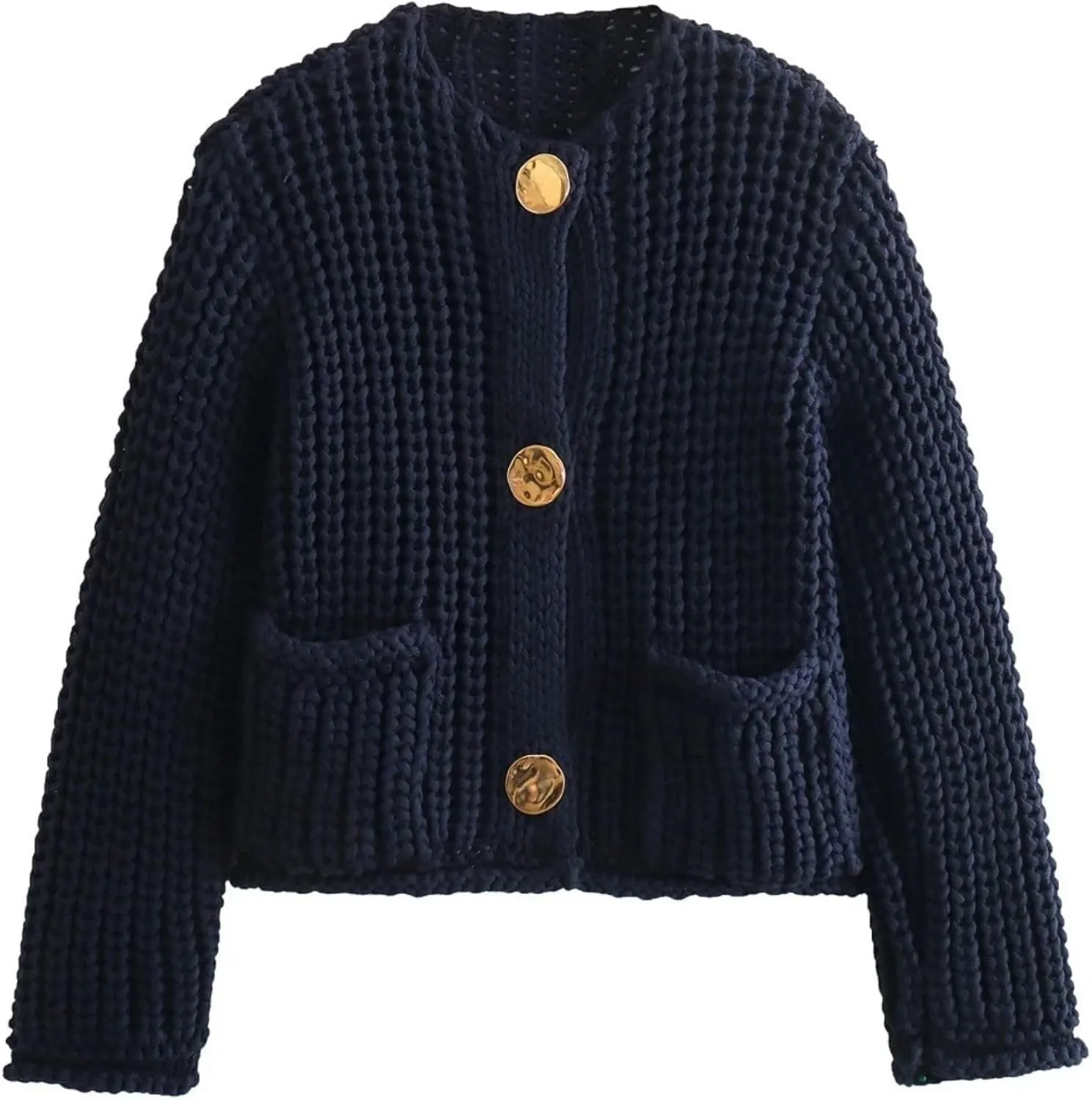 FindThy Womens Cropped Knit Cardigan Long Sleeve Crewneck Button Down Fall Sweater with Pockets