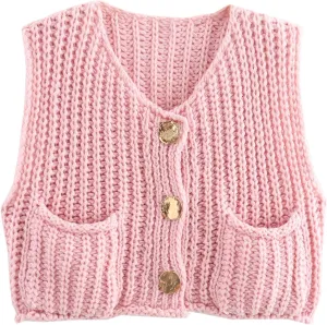 FindThy Womens Cropped Sweater Vest Cute Crewneck Button Down Sleeveless Crop Knit Cardigan with Pocket