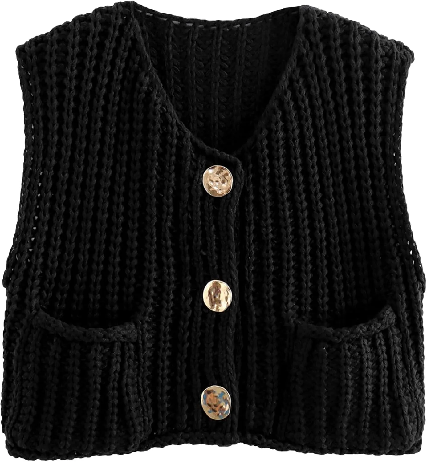 FindThy Women’s Cropped Sweater Vest Cute Crewneck Button Down Sleeveless Crop Knit Cardigan with Pocket