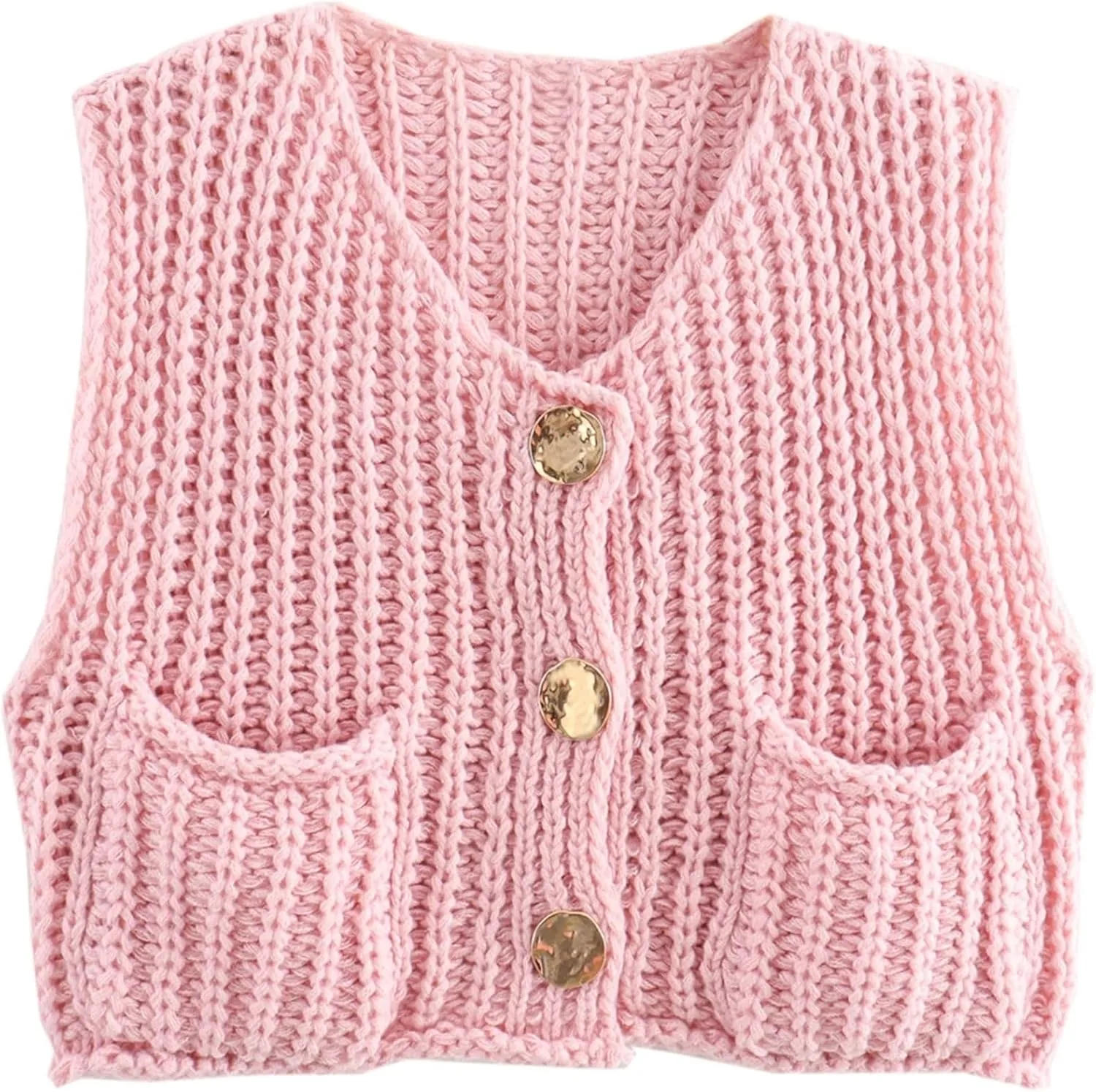 FindThy Womens Cropped Sweater Vest Cute Crewneck Button Down Sleeveless Crop Knit Cardigan with Pocket