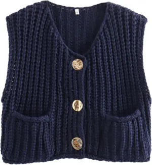 FindThy Womens Cropped Sweater Vest Cute Crewneck Button Down Sleeveless Crop Knit Cardigan with Pocket