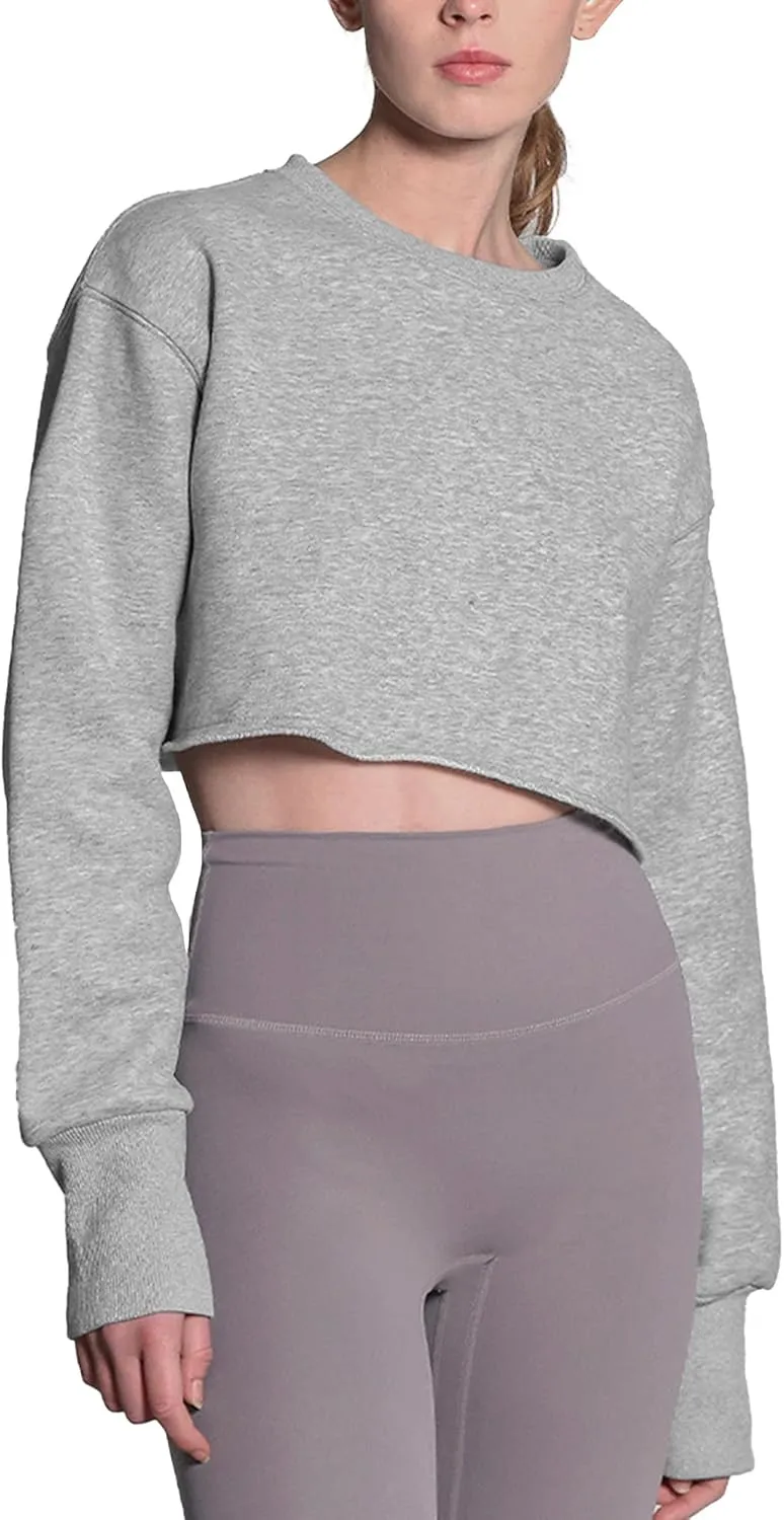 FindThy Womens Cropped Sweatshirt Casual Long Sleeve Crew Neck Pullover Oversized Yoga Tops